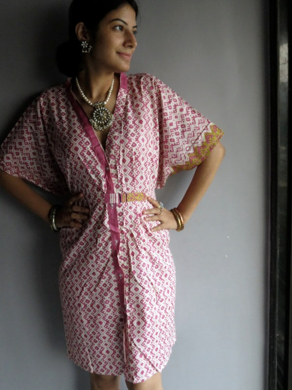 Pink Chevron Geometric V-Neck Full Button Down, Knee Length, Belted Caftan-H6 fabric Code