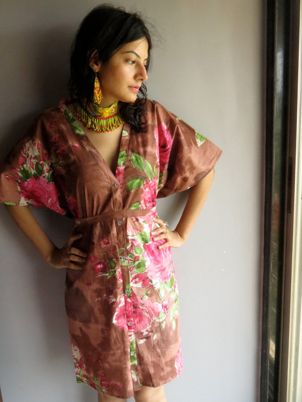 Brown Fuchsia Flowers V-Neck Full Button Down, Knee Length, Belted Caftan-E4 fabric Code