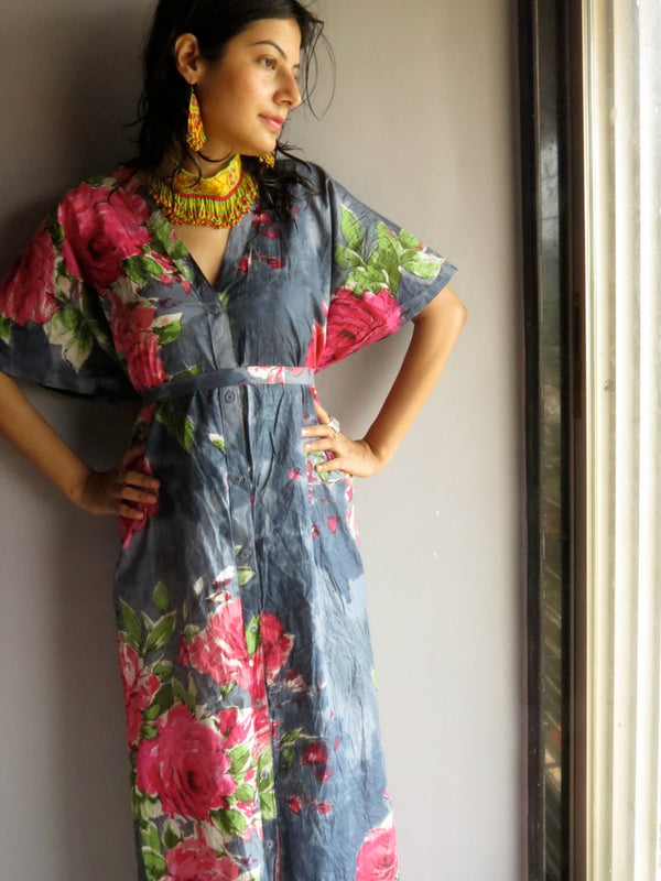 Gray Fuchsia Large Floral Blossom V-Neck Full Button Down, Ankle Length, Belted Caftan