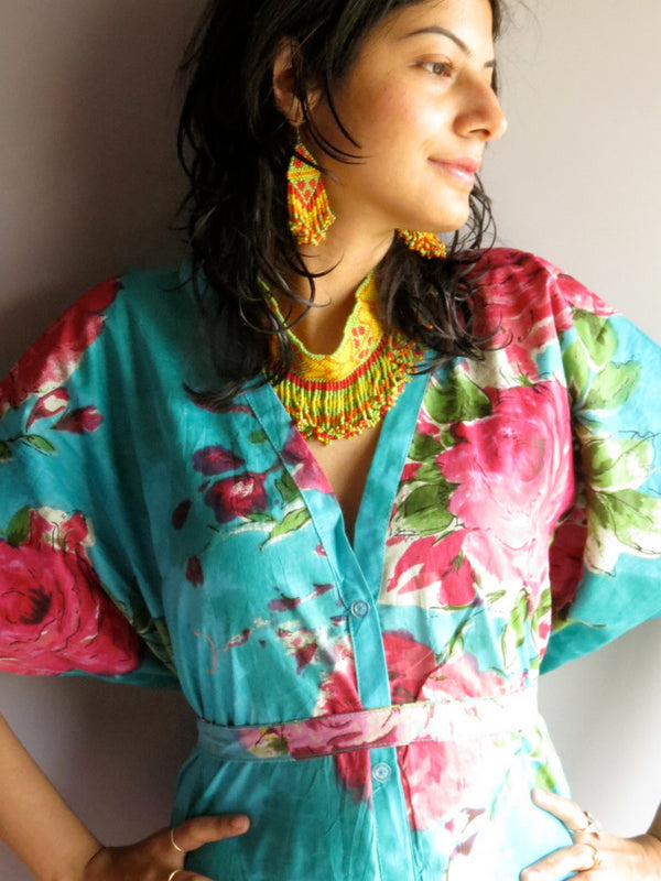 Teal Fuchsia Flowers V-Neck Full Button Down, Knee Length, Belted Caftan-E7 fabric Code