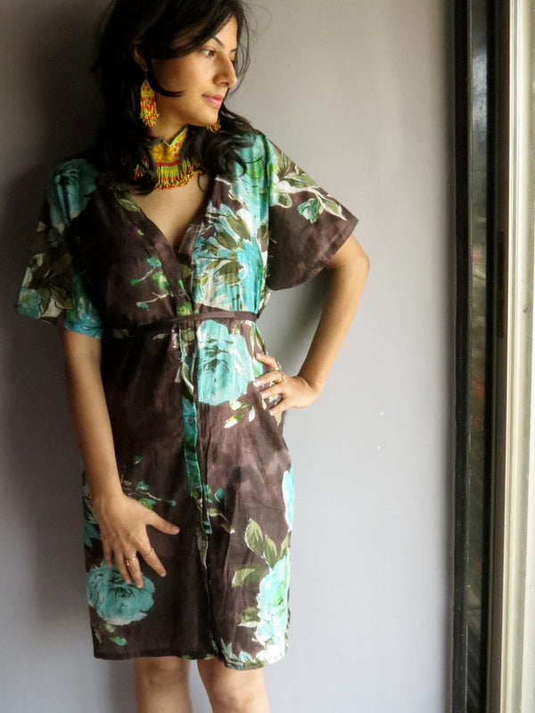 Brown Multicolor Big Flower V-Neck Button Down to Waist, Knee Length, Cinched Waist Caftan