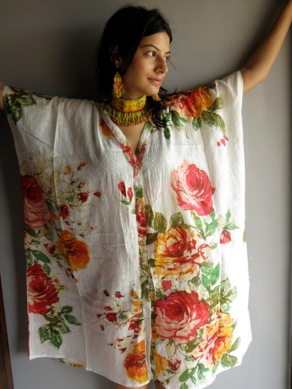 WhiteMulticolor Big Flower V-Neck Button Down to Waist, Knee Length, Cinched Waist Caftan