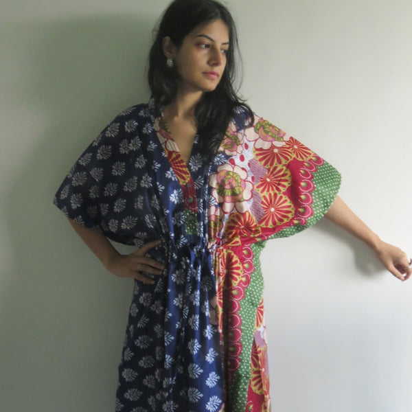 Blue Floral Bordered V-Neck Button Down to Waist, Ankle Length, Cinched Waist Caftan