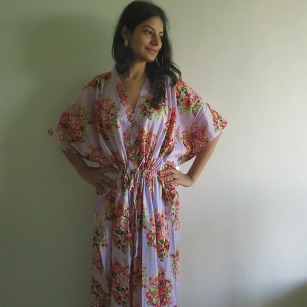 Lilac Floral Posy V-Neck Button Down to Waist, Ankle Length, Cinched Waist Caftan