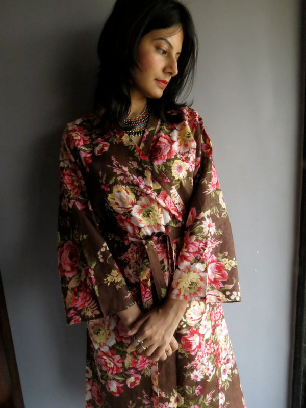 Brown Floral Ankle Length, Kimono Crossover Belted Robe-A2 fabric Code