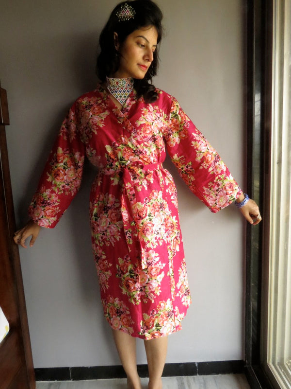 Magenta Floral Knee Length, Kimono Crossover Belted Robe-C5 fabric Code