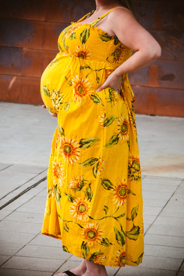 Sunflower themed smocking maternity dress