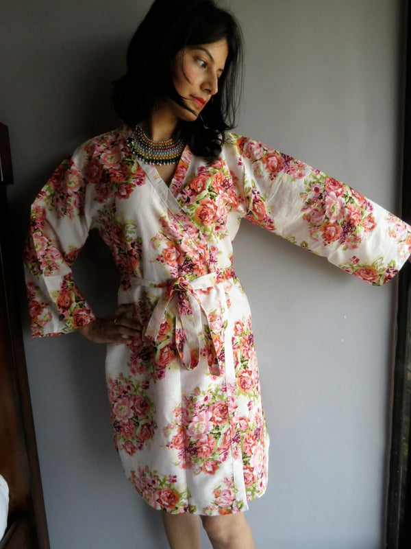 White Floral Knee Length, Kimono Crossover Belted Robe-C7 fabric Code
