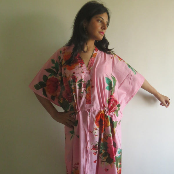 Pink Large Floral Blossom V-Neck Button Down to Waist, Ankle Length, Cinched Waist Caftan