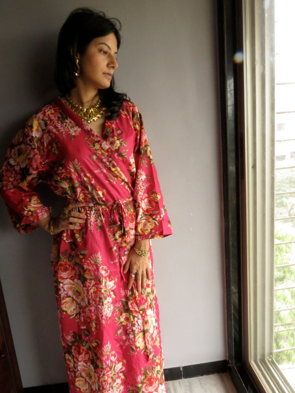 Magenta Floral Ankle Length, Kimono Crossover Belted Robe-A6 fabric Code