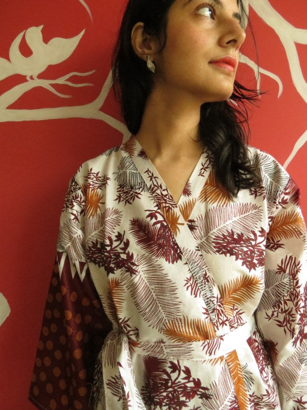 White Maroon leafy Knee Length, Kimono Crossover Belted Robe