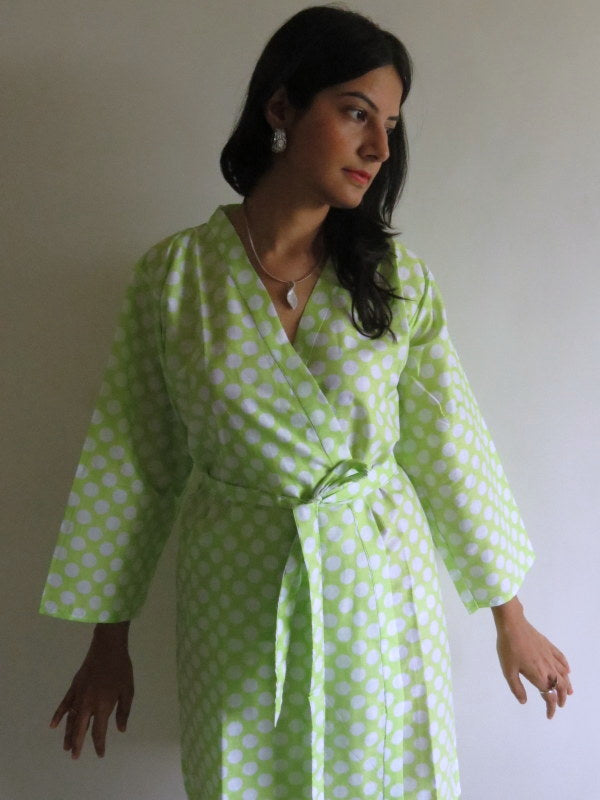 Green Polka Dots Knee Length, Kimono Crossover Belted Robe