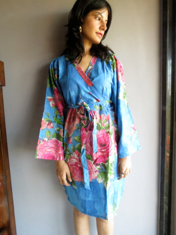 Blue Floral Knee Length, Kimono Crossover Belted Robe-E2 fabric Code