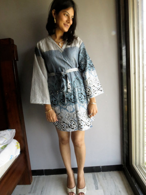 Gray Striped Knee Length, Kimono Crossover Belted Robe