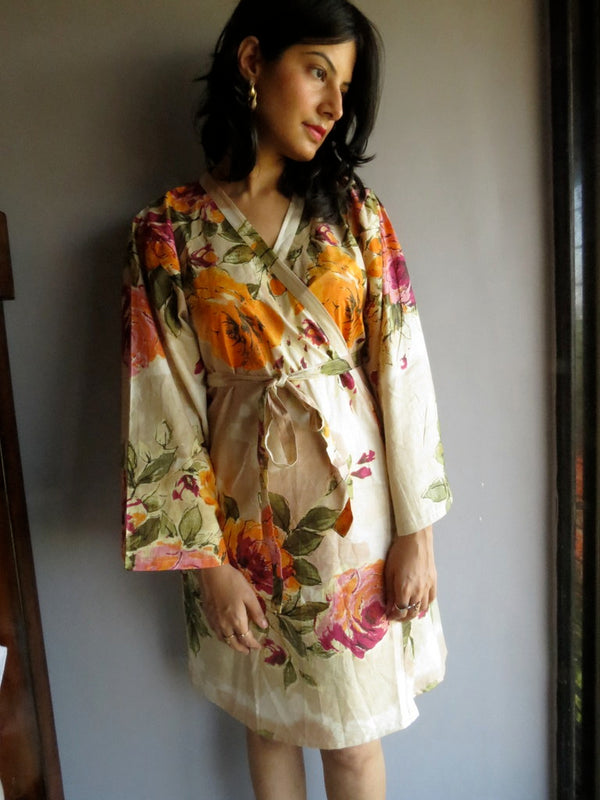 Cream Beige Floral Knee Length, Kimono Crossover Belted Robe