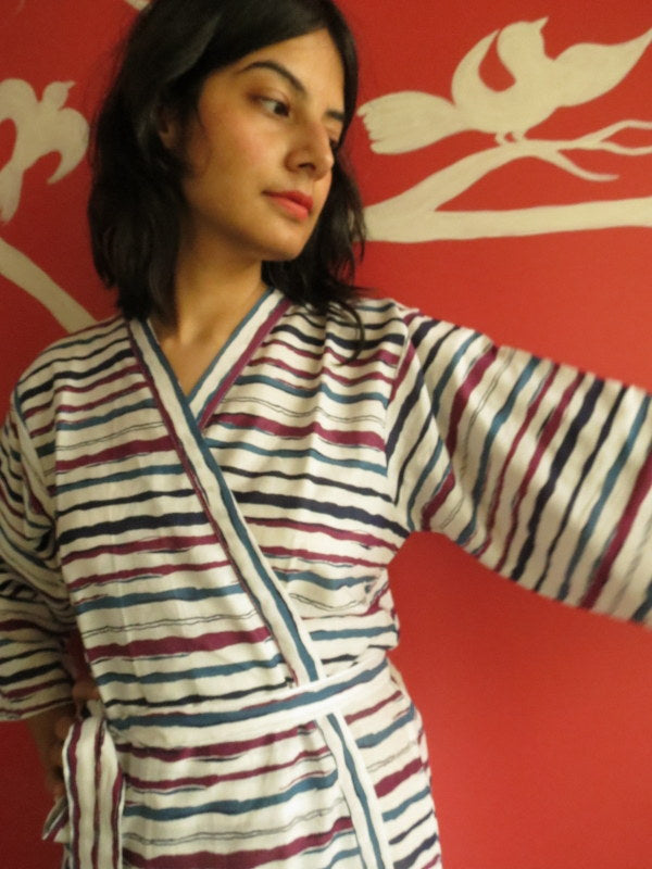 White Blue Striped Knee Length, Kimono Crossover Belted Robe