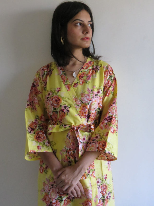 Light Yellow Floral Knee Length, Kimono Crossover Belted Robe
