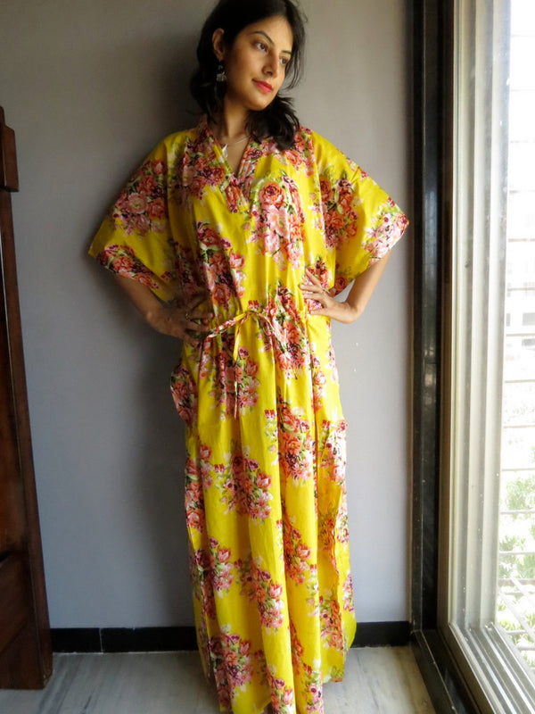 Yellow Floral Posy V-Neck, Ankle Length, Cinched Waist Caftan