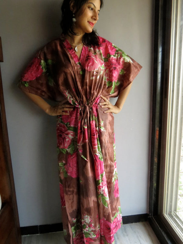 Brown Fuchsia Large Floral Blossom V-Neck, Ankle Length, Cinched Waist Caftan