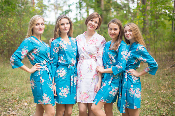 Faded Flowers Pattern Bridesmaids Robes|Peacock Blue Faded Flowers Pattern Bridesmaids Robes|Faded Flowers