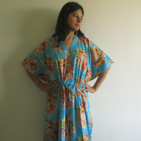 Blue Floral Posy V-Neck Button Down to Waist, Ankle Length, Cinched Waist Caftan