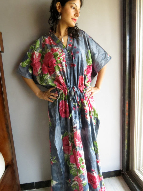 Gray Fuchsia Large Floral Blossom V-Neck, Ankle Length, Cinched Waist Caftan
