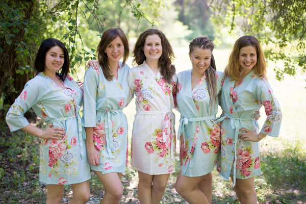 Light Blue Cabbage Roses Pattern Bridesmaids Robes
