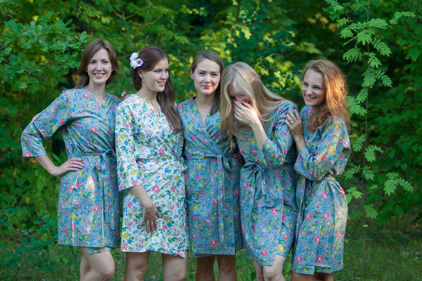 Happy Flowers Pattern Bridesmaids Robes|Gray Happy Flowers Pattern Bridesmaids Robes|Happy Flowers