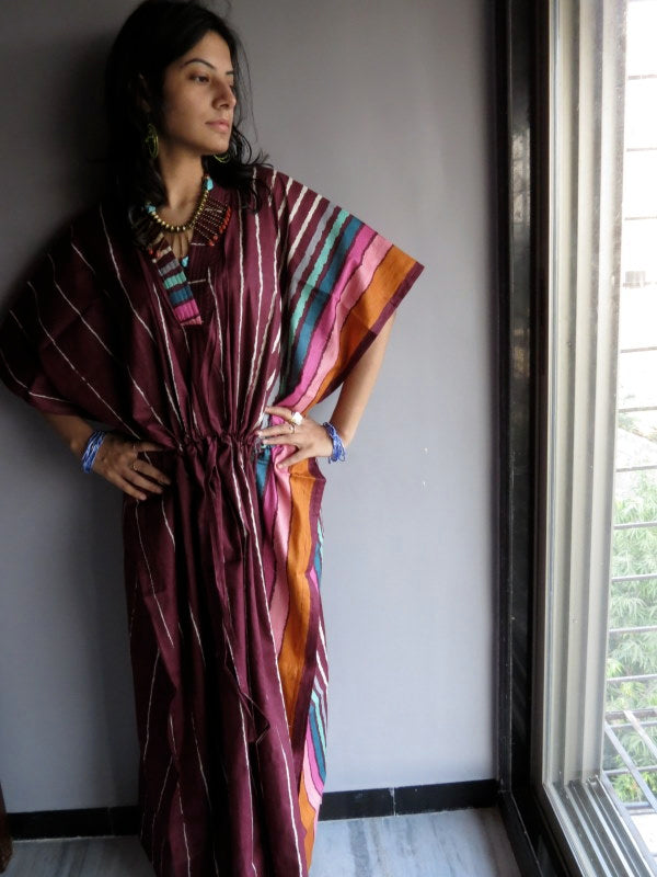 Burgundy Stripes V-Neck, Ankle Length, Cinched Waist Caftan, Muumuu, House Dress
