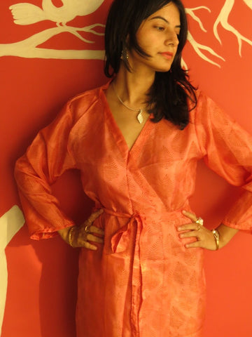 Silk Coral Leafy Knee Length, Kimono Crossover Belted Robe