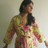 Pastel Yellow Floral Knee Length, Kimono Crossover Belted Robe
