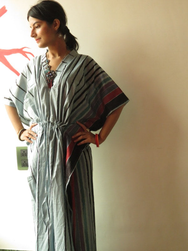 Gray Striped V-Neck, Ankle Length, Cinched Waist Caftan, Comfortable House Dress