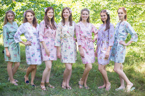 Mismatched Romantic Floral Patterned Bridesmaids Robes in Soft Tones