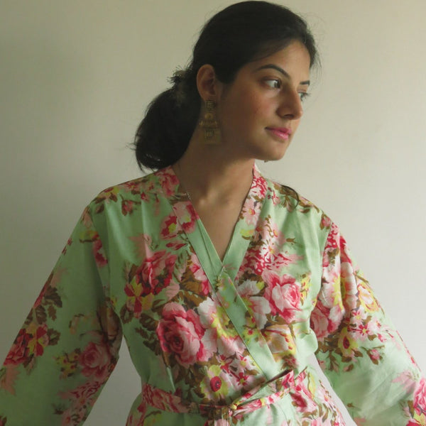 Mint Floral Knee Length, Kimono Crossover Belted Robe