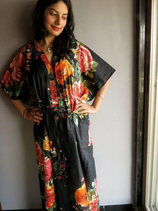 Black Large Floral Blossom V-Neck Button Down to Waist, Ankle Length, Cinched Waist Caftan