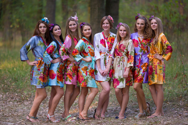 Mismatched Silk Large Floral Blossom Patterned Bridesmaids Robes in Soft Tones