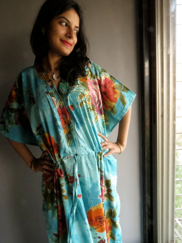 Blue Large Floral Blossom V-Neck Button Down to Waist, Ankle Length, Cinched Waist Caftan
