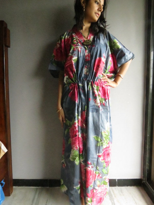 Gray Fuchsia Large Floral Blossom V-Neck Button Down to Waist, Ankle Length, Cinched Waist Caftan