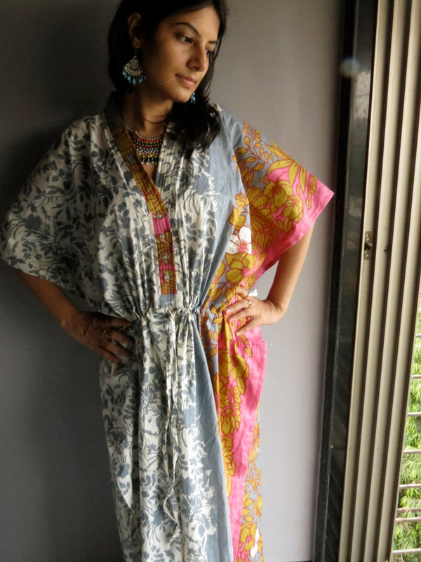 Gray Pink Leafy V-Neck Button Down to Waist, Ankle Length, Cinched Waist Caftan-F2 fabric Code