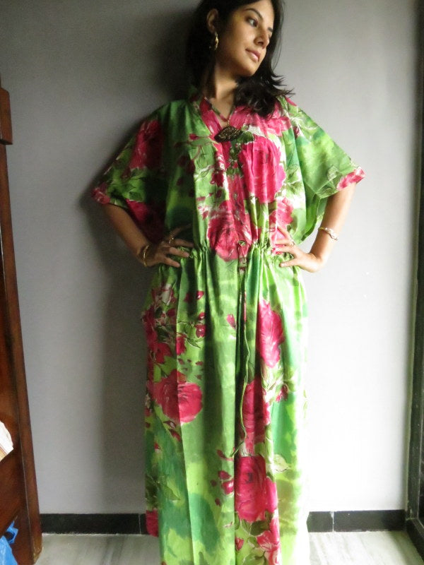 Green Fuchsia Large Floral Blossom V-Neck Button Down to Waist, Ankle Length, Cinched Waist Caftan