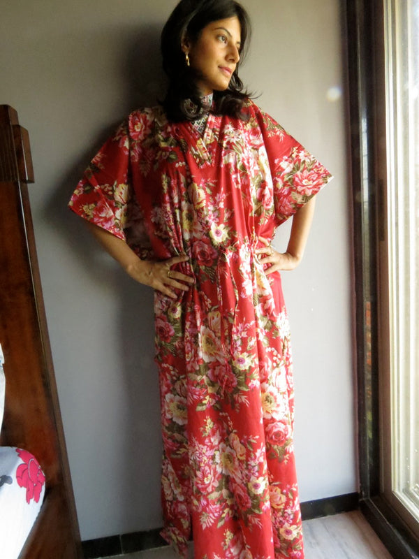 Red Floral Rosy Red Posy V-Neck, Ankle Length, Cinched Waist Caftan