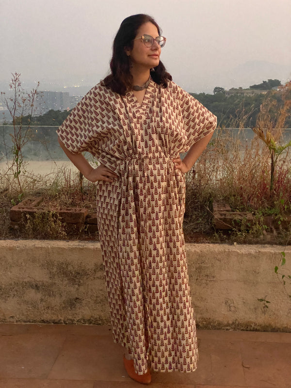 Cream Red Tiny Tree Motif Hand Block Printed Caftan with V-Neck, Cinched Waist and Available in both Knee and Ankle Length