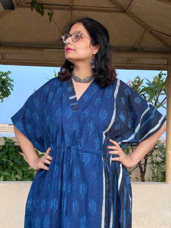 Indigo Blue Leafy Bordered Hand Block Printed Caftan with V-Neck, Cinched Waist and Available in both Knee and Ankle Length