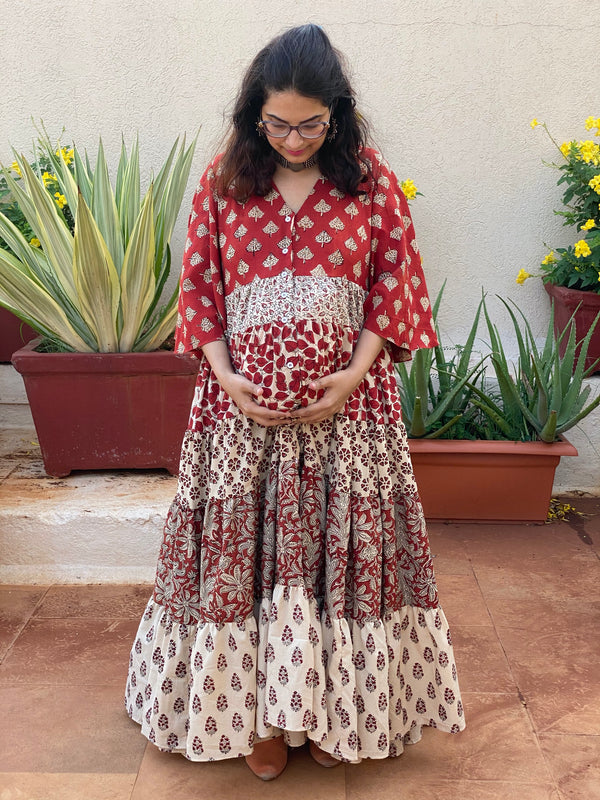 Mixed Patterns Red & Ivory Hand-Block Front Buttoned 5-Tier Maternity Dress