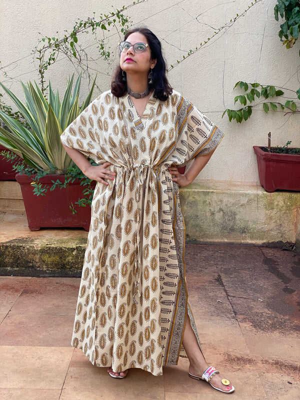 Cream Mustard Paisley Bordered Hand Block Printed Caftan with V-Neck, Cinched Waist and Available in both Knee and Ankle Length