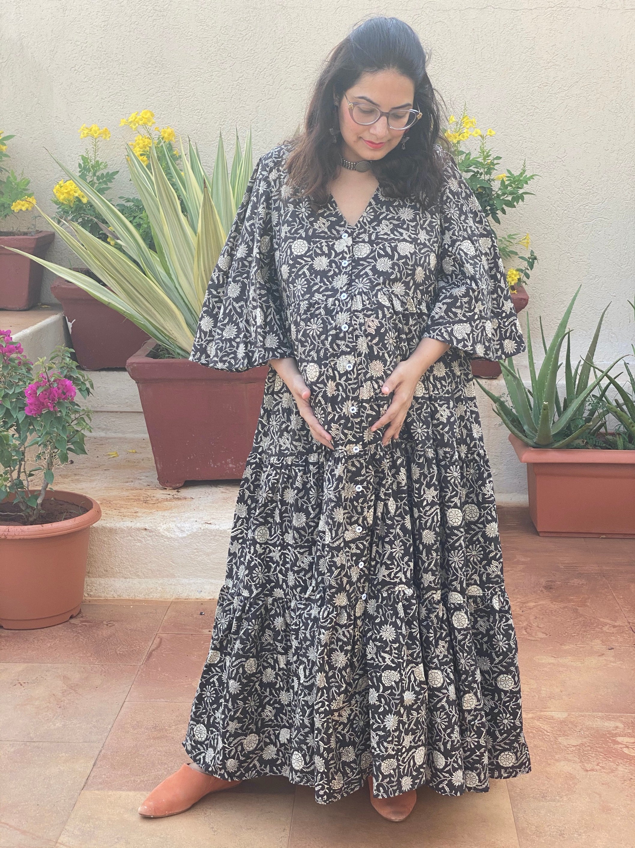 Black Floral Motif Hand-Block Tiered Maternity Dress