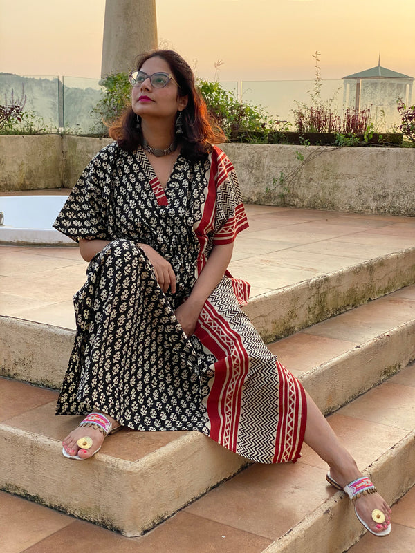 Black Red Bordered Hand Block Printed Caftan with V-Neck, Cinched Waist and Available in both Knee and Ankle Length