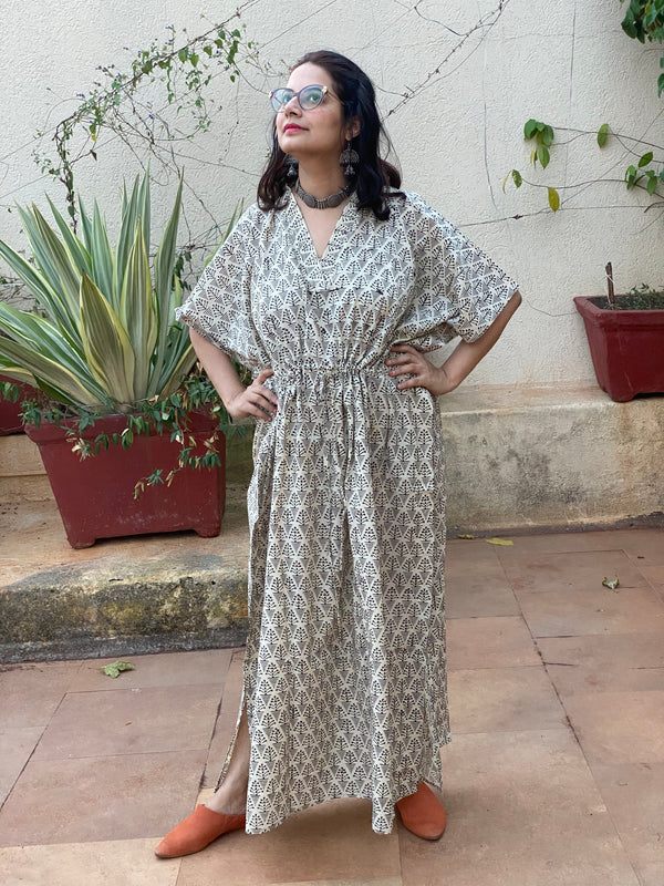 Cream Black Miniature Tree Motif Motif Hand-Blocked Kaftan with V-Neck, Cinched Waist and Available in both Knee and Ankle Length