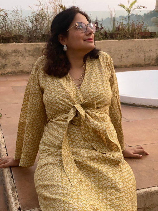 Mustard Triangle Geometrical Motif Hand-Block Printed Kimono Robe | Available in both Knee and Ankle Length