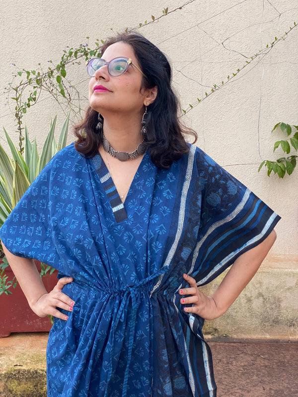 Dark Blue Bordered Hand Block Printed Caftan with V-Neck, Cinched Waist and Available in both Knee and Ankle Length